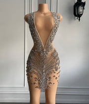 Luxury See Through Women Cocktail Gowns for Women Silver Crystals Mini Short Prom Dresses
