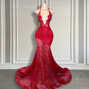 Red Sequins Halter Mermaid Prom Dress 2024