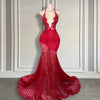 Red Sequins Halter Mermaid Prom Dress
