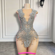 Luxury Sexy See Through Homecoming Dress Birthday Party Silver Crystals Women Short Prom Dresses 2023