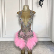 Luxury Sexy See Through Women Birthday Party Formal Gowns Sparkly Crystals Diamond Feather Short Prom Dresses