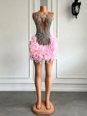 Luxury Sexy Sheer Silver Rhinestone Homecoming Cocktail Dress Pink Feather Short Prom Women Birthday Party Gowns