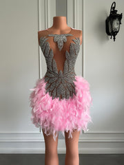 Luxury Sexy Sheer Silver Rhinestone Homecoming Cocktail Dress Pink Feather Short Prom Women Birthday Party Gowns
