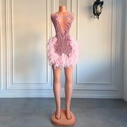 Luxury Sheer Neckline Women Cocktail Dress Pink Feather Short Prom Dresses For Birthday Party