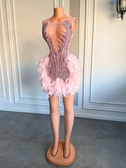 Luxury Sheer Neckline Women Cocktail Dress Pink Feather Short Prom Dresses For Birthday Party