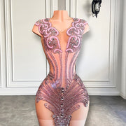 Mannequin Wearing a Pink Diamond Sheer Cocktail Birthday Dress with Crystal Embellishments and Sheer Detailing, Styled for Luxe Celebrations