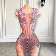 Mannequin Wearing a Pink Diamond Sheer Cocktail Birthday Dress with Crystal Embellishments and Sheer Detailing, Styled for Luxe Celebrations