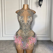 Luxury Silver Diamond Women Birthday Party Formal Gowns Pink Feather Homecoming Short Prom Dresses