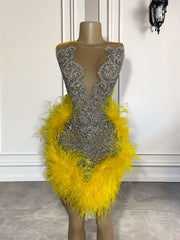 Luxury Silver Rhinestone Birthday Dress Sheer Sexy Yellow Feather Homecoming Cocktail Short Prom Dress
