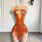 Luxury Sparkly Crystals Women Birthday Party Gowns Sexy Sheer See Through Orange Beading Short Prom Dresses