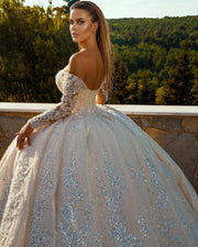 Long Sleeve Sequins Puffy Ball Gown  Wedding Dress