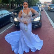 Half Sleeves Crystal Beaded Tassels Plus Size Mermaid Prom Dress
