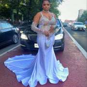 Half Sleeves Crystal Beaded Tassels Plus Size Mermaid Prom Dress