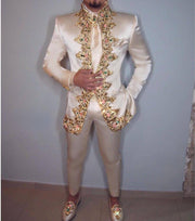 Men's Two-Piece Italian Stand Collar Slim Fit Suit with Embroidery