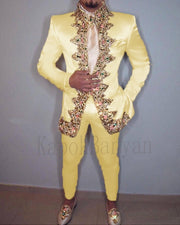 Men's Two-Piece Italian Stand Collar Slim Fit Suit with Embroidery