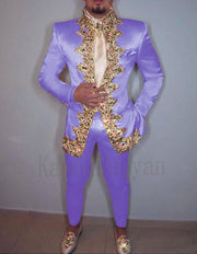Men's Two-Piece Italian Stand Collar Slim Fit Suit with Embroidery