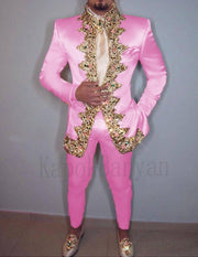 Men's Two-Piece Italian Stand Collar Slim Fit Suit with Embroidery