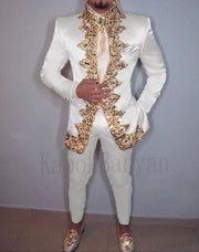 Men's Two-Piece Italian Stand Collar Slim Fit Suit with Embroidery