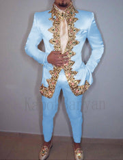 Men's Two-Piece Italian Stand Collar Slim Fit Suit with Embroidery