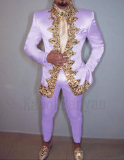 Men's Two-Piece Italian Stand Collar Slim Fit Suit with Embroidery