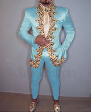 Men's Two-Piece Italian Stand Collar Slim Fit Suit with Embroidery