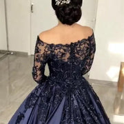 Navy Blue Quinceanera Dress 2021 Long Sleeve V-Neck Lace Appliques Satin Prom Party Princess Ball Gown Sweet 15 Sweep Train