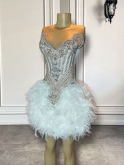 New Arrival Luxury Handmade Silver Diamond Women Birthday Party Formal Gowns White Feather Short Prom Dresses