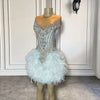 Handmade Silver Beaded Diamond Birthday Dress with White Feather