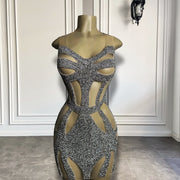 New Arrival Sexy See Through Women Birthday Party Gowns Sparkly Luxury Silver Diamond Short Prom Dresses