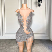 New Arrival Sexy See Through Women Birthday Party Luxury Sparkly Silver Diamond Short Prom Dresses