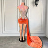 Mannequin Wearing an Orange Velvet Beaded Birthday Dress with Side Train and Sparkling Embellishments, Styled for Glamorous Celebrations