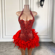 New Sparkly Rhinestone Luxury Red Diamond Women Birthday Gowns Halter Style Red Feather Short Prom Dresses