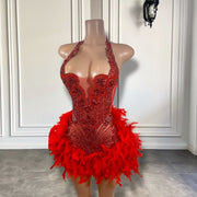 New Sparkly Rhinestone Luxury Red Diamond Women Birthday Gowns Halter Style Red Feather Short Prom Dresses