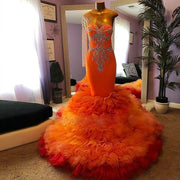 Orange One Shoulder Prom Dresses Ruffles Tiered Bottom Beads Birthday Party Gowns For Photos Celebrity Party Gown