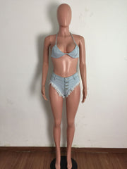 Tie Wrap Denim Sexy Backless Bikini Sets Summer