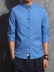 Chinese Style Solid Stand Collar Shirt For Men