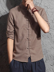 Chinese Style Solid Stand Collar Shirt For Men