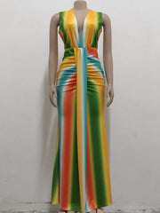 Fashionable Printing Sleeveless V Neck Maxi Dress