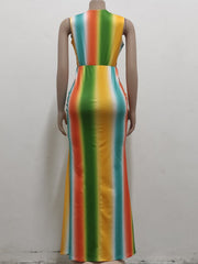 Fashionable Printing Sleeveless V Neck Maxi Dress