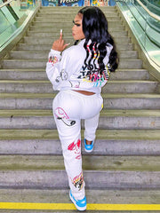 Casual White Printed Hoodie 2 Piece Pant Sets