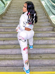 Casual White Printed Hoodie 2 Piece Pant Sets