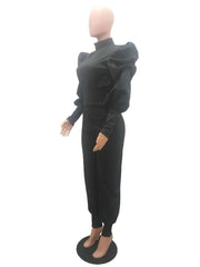 Solid Puff Sleeve Two Pieces Pants Set For Women