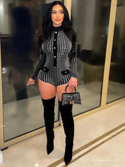 Single-Breasted Houndstooth Long Sleeve Romper