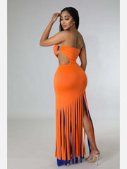 Fringe Cut Out Solid Strapless Maxi Dress