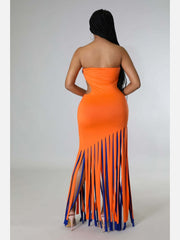 Fringe Cut Out Solid Strapless Maxi Dress