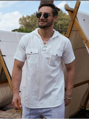 Men's Summer Pure Color Hooded Short Sleeve Shirt