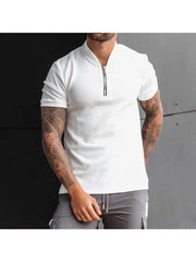Men Pure Color Zipper Short Sleeve Polo Shirt