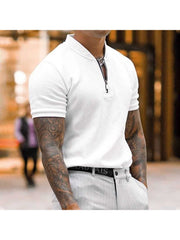 Men Pure Color Zipper Short Sleeve Polo Shirt