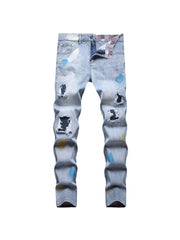 Light Blue Ripped Motorcycle Men Jeans