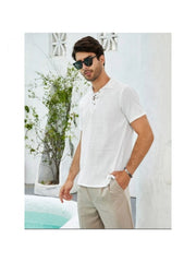 Men's Linen Pure Color Lace Up Short Sleeve Shirts